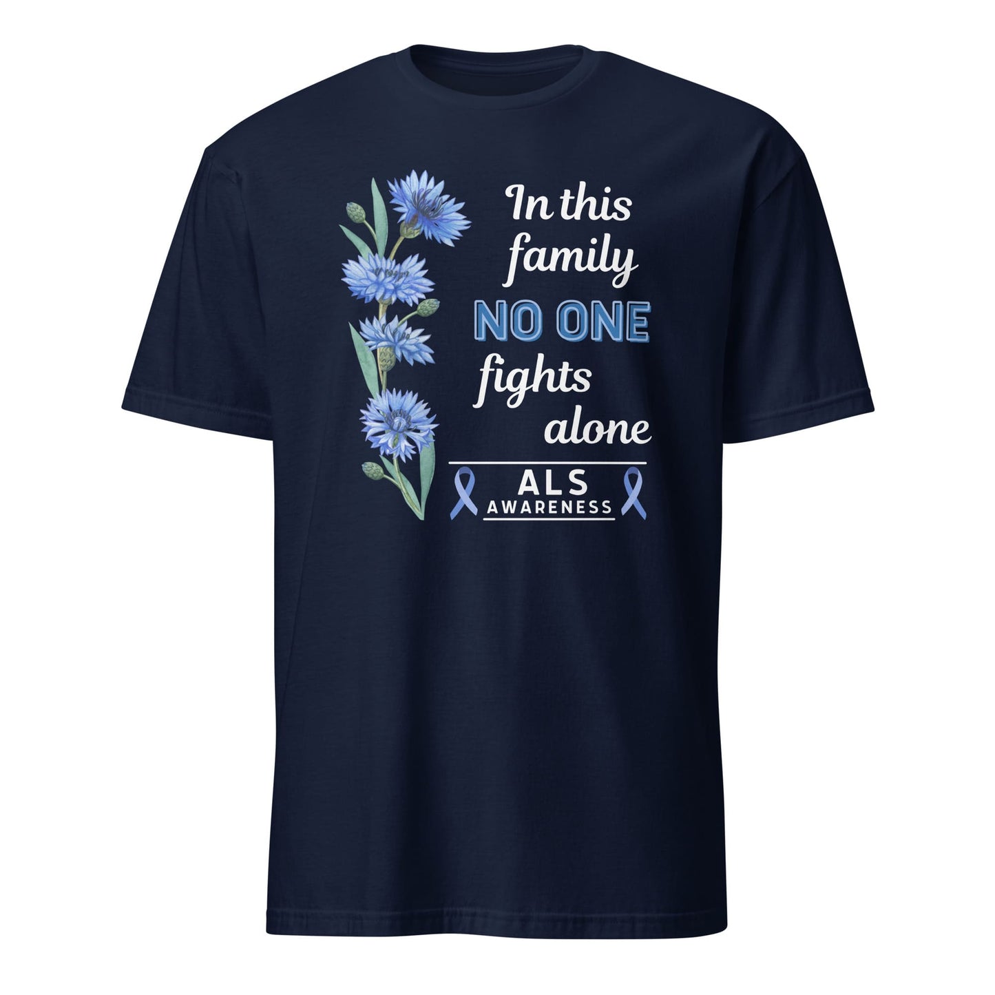 Navy blue t-shirt with ALS awareness design featuring flowers and text on a white background