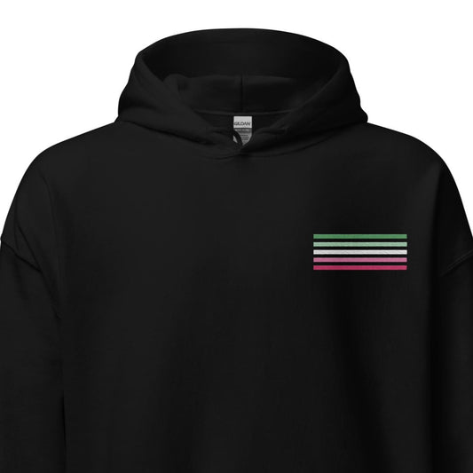 abrosexual hoodie, subtle abro pride flag embroidered pocket design hooded sweatshirt