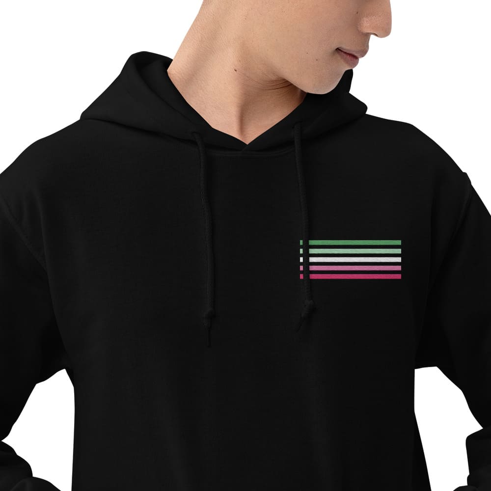 abrosexual hoodie, subtle abro pride flag embroidered pocket design hooded sweatshirt, model 2 zoom