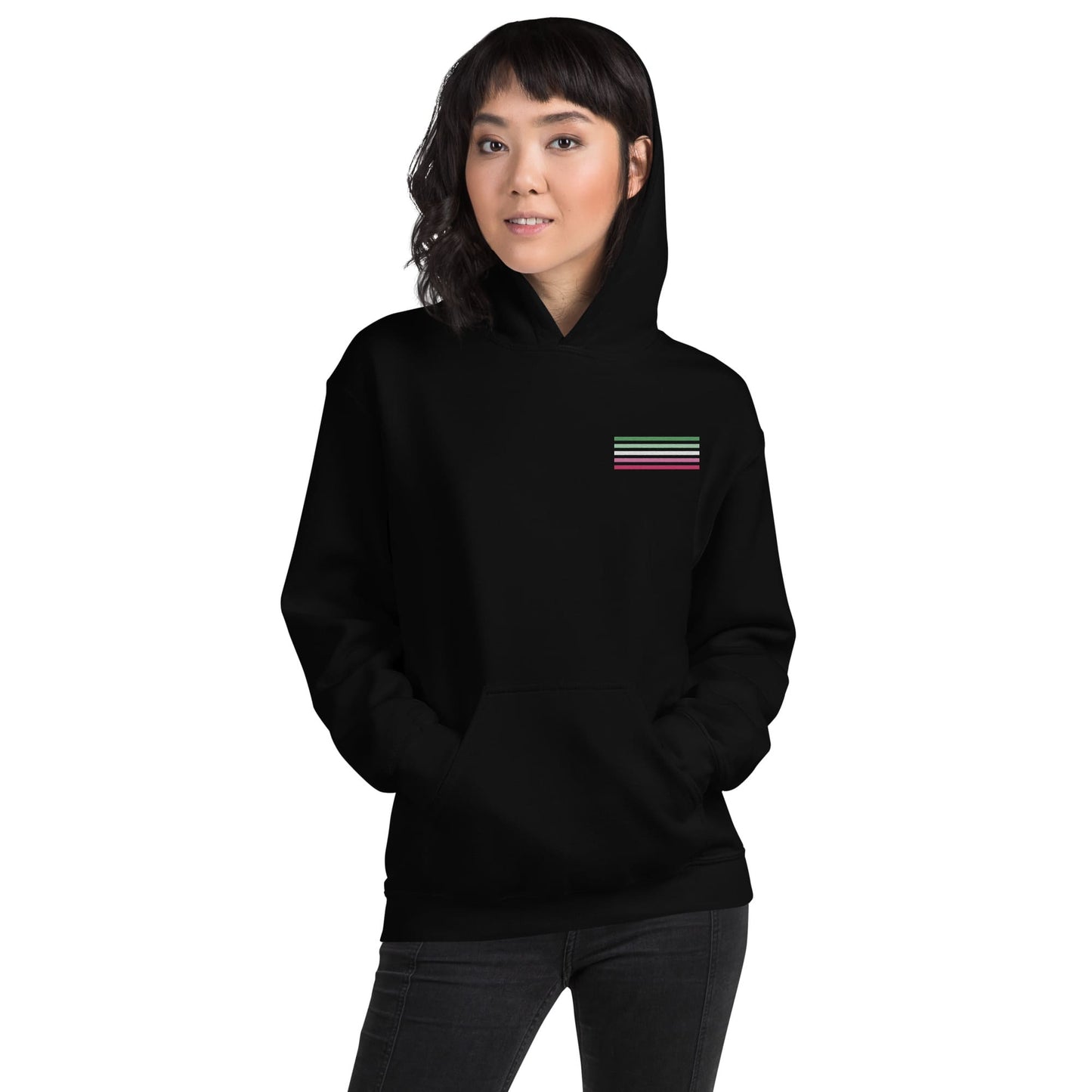 abrosexual hoodie, subtle abro pride flag embroidered pocket design hooded sweatshirt, model 1