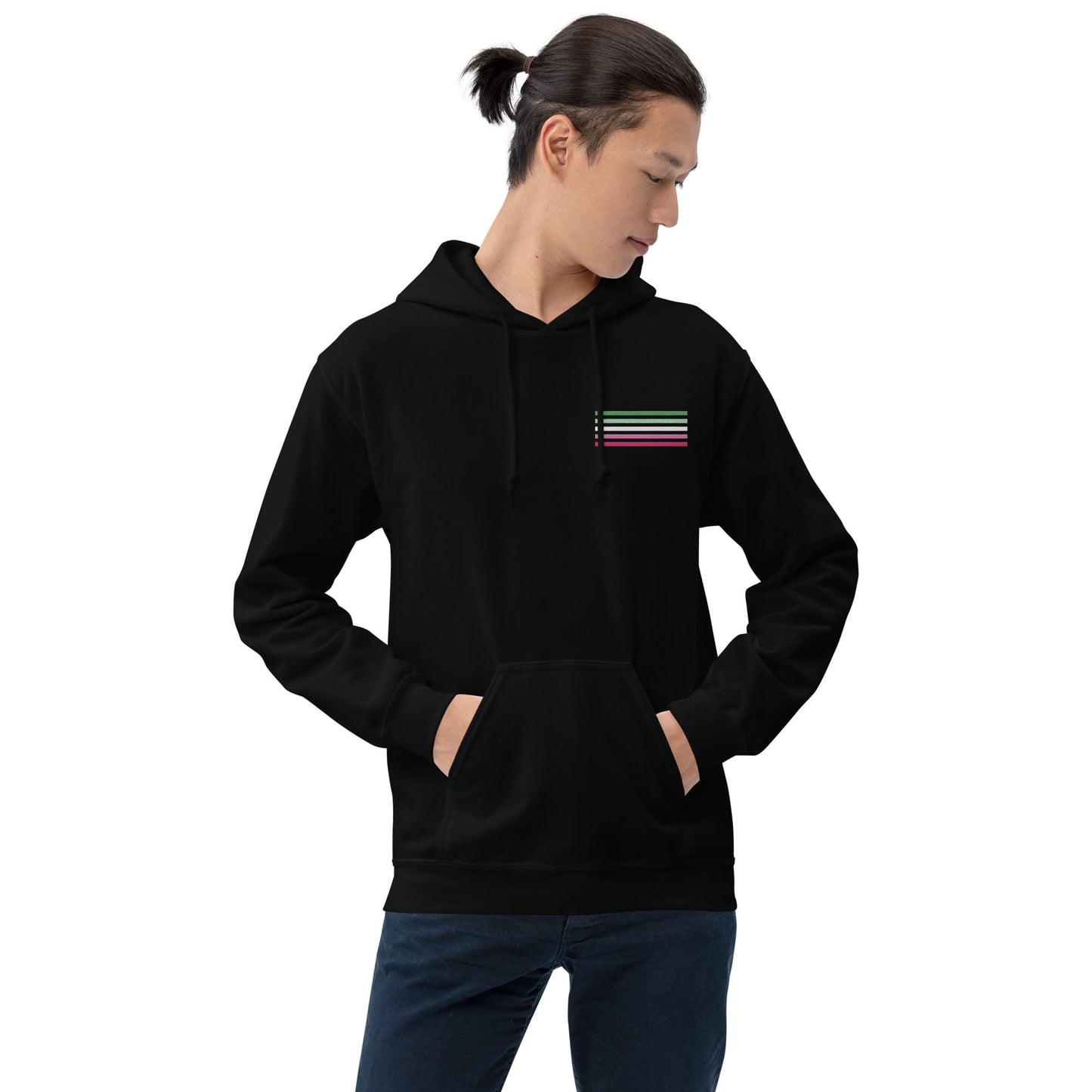 abrosexual hoodie, subtle abro pride flag embroidered pocket design hooded sweatshirt, model 2