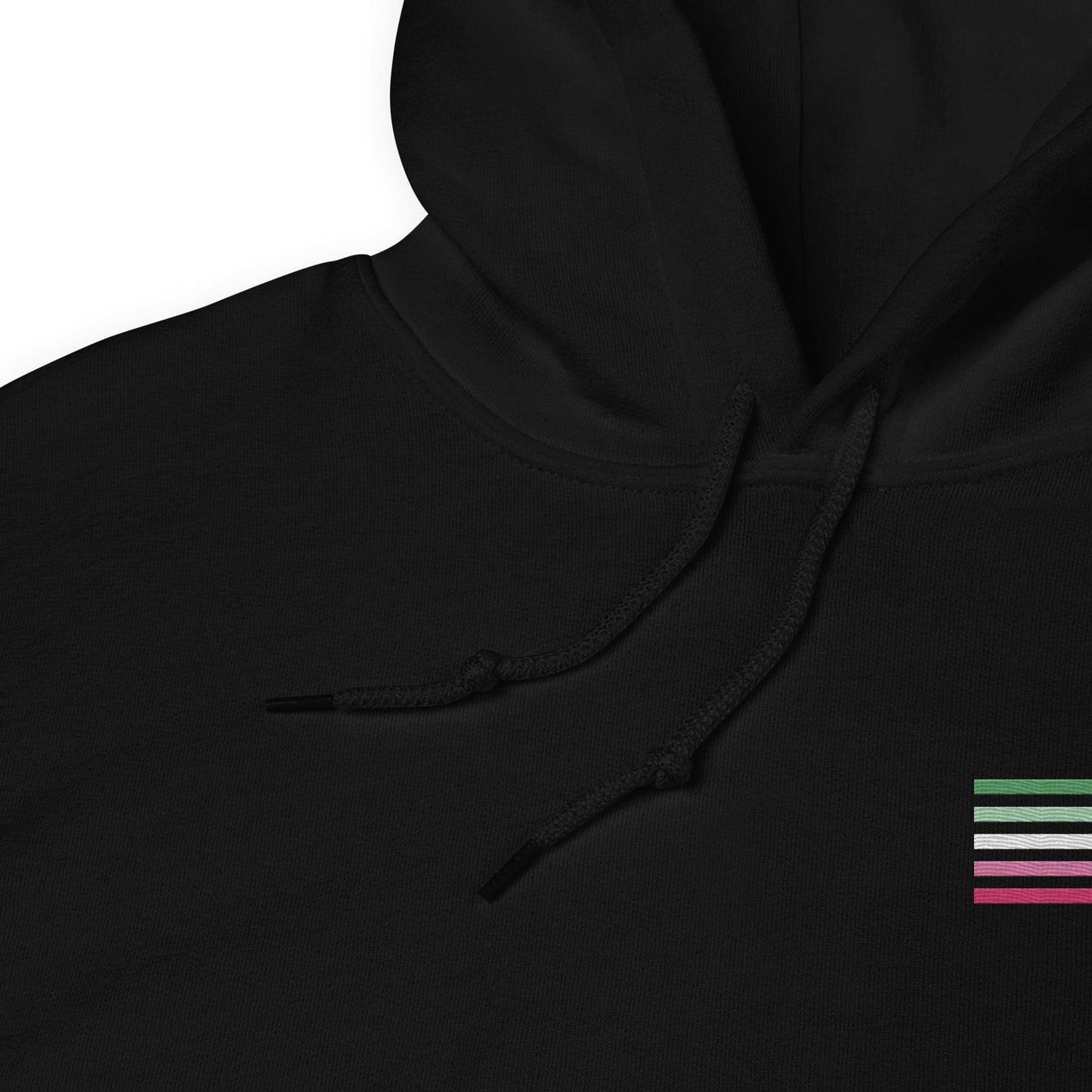 abrosexual hoodie, subtle abro pride flag embroidered pocket design hooded sweatshirt, detail strings