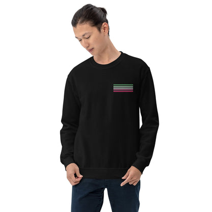 abrosexual sweatshirt, subtle abro pride flag embroidered pocket design sweater, model 2