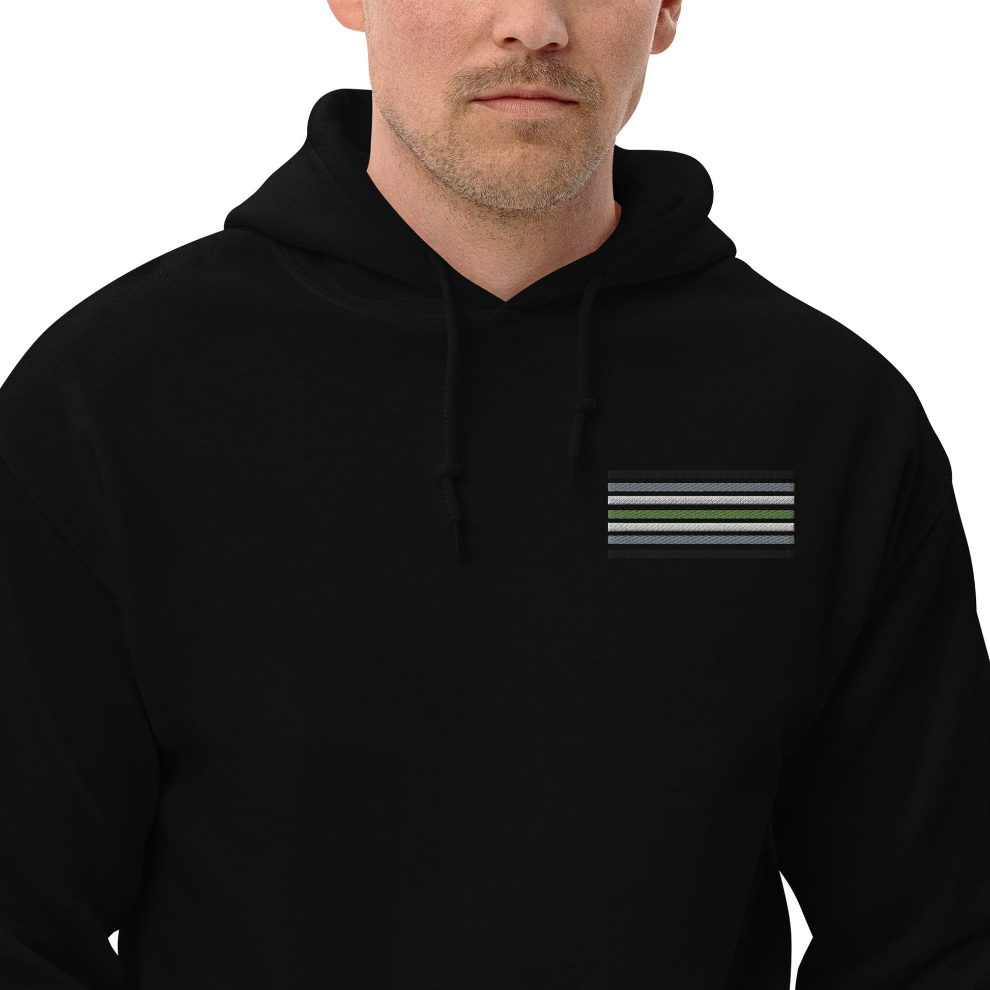 agender hoodie, subtle genderless pride flag embroidered pocket design hooded sweatshirt, model 1