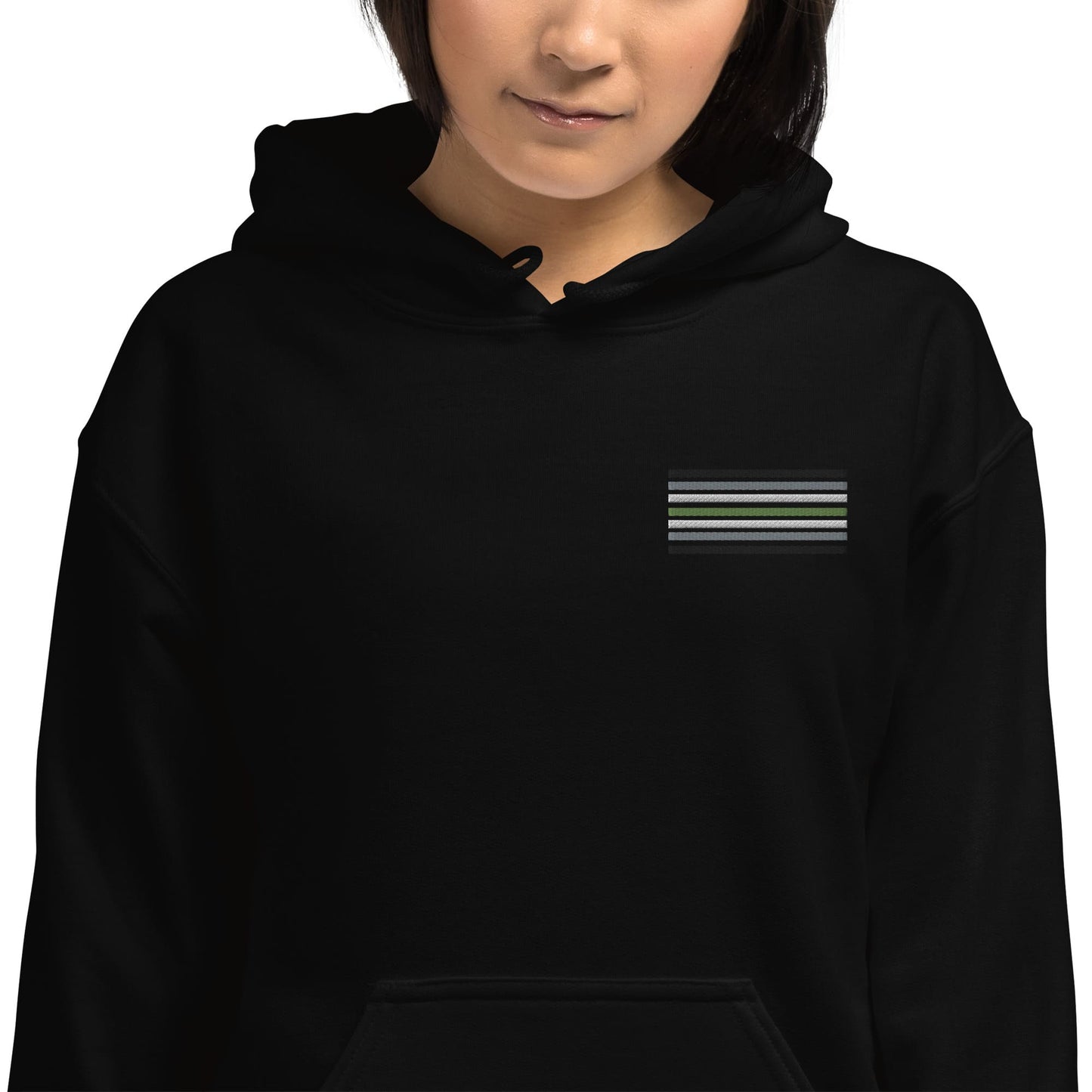 agender hoodie, subtle genderless pride flag embroidered pocket design hooded sweatshirt, model 2