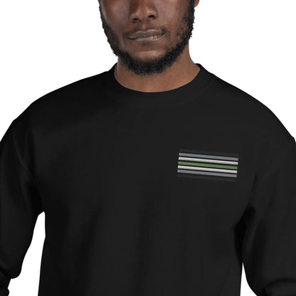 agender sweatshirt, subtle genderless pride flag embroidered pocket design sweater, model 1