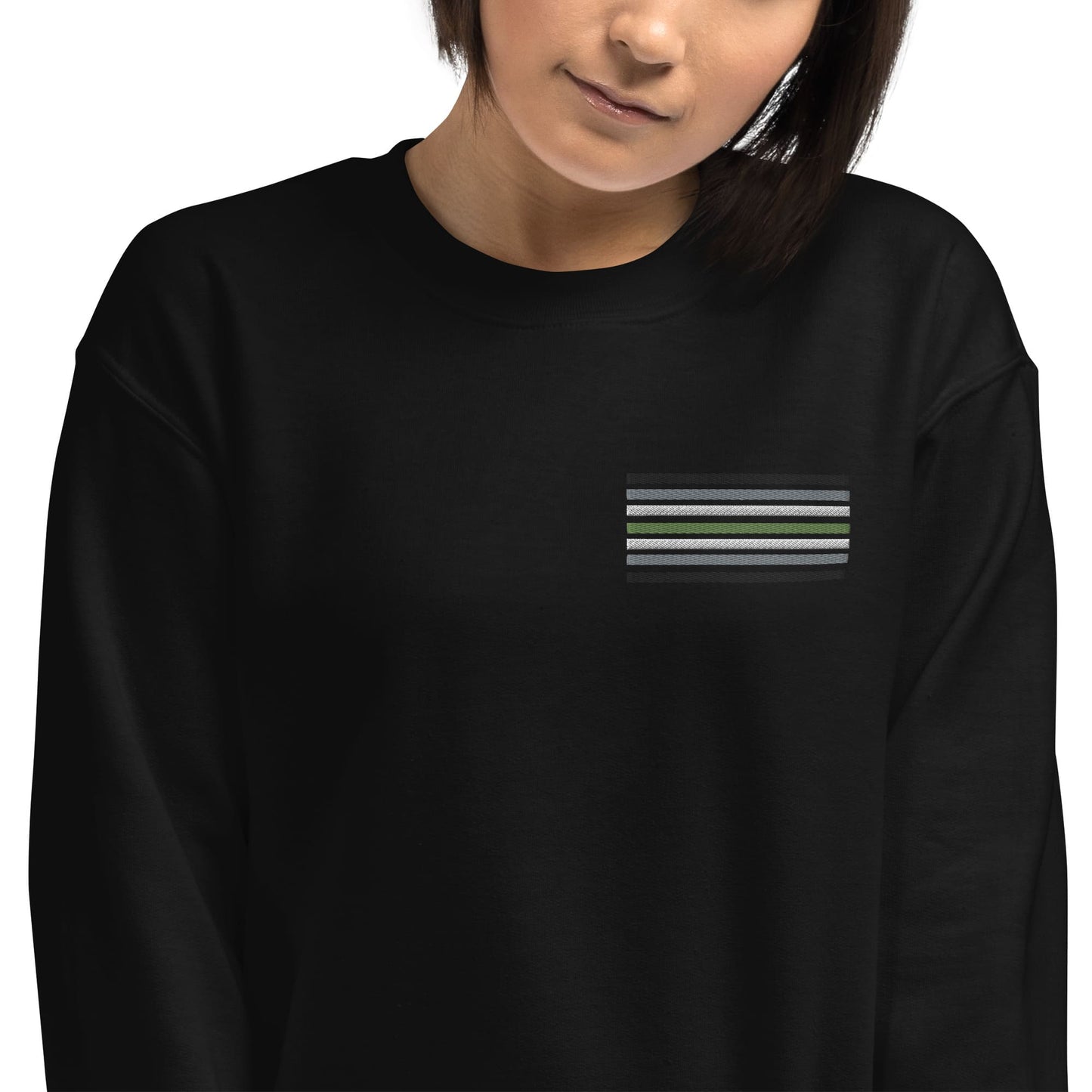 agender sweatshirt, subtle genderless pride flag embroidered pocket design sweater, model 2