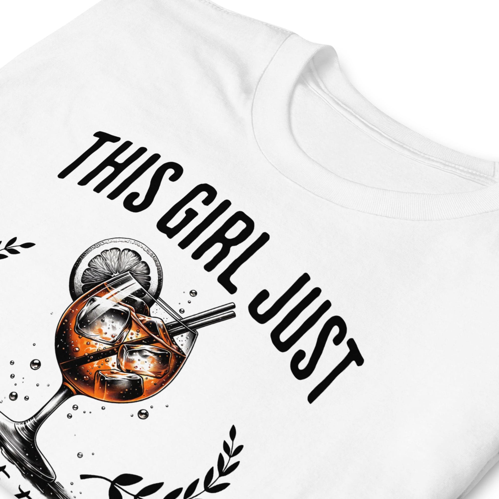 White t-shirt with a graphic of a cocktail glass and text 'THIS GIRL JUST love to spritz' on a white background: Funny Aperol Spritz Shirt, Unhinged Adult Humor Tee, Sassy Summer T-Shirt, Cocktail Lover Gift, Fun Ambiguous Party Wear, Squirter Gift