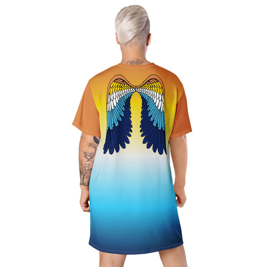 aroace dress, aromantic asexual t shirt dress with angel wings on back, model 1 back