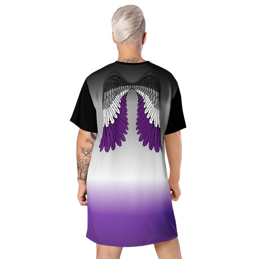 asexual dress, ace pride t shirt dress with angel wings on the back, model back