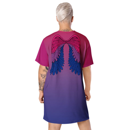 bisexual dress, bi pride t shirt dress with angel wings on the back, model 1 back