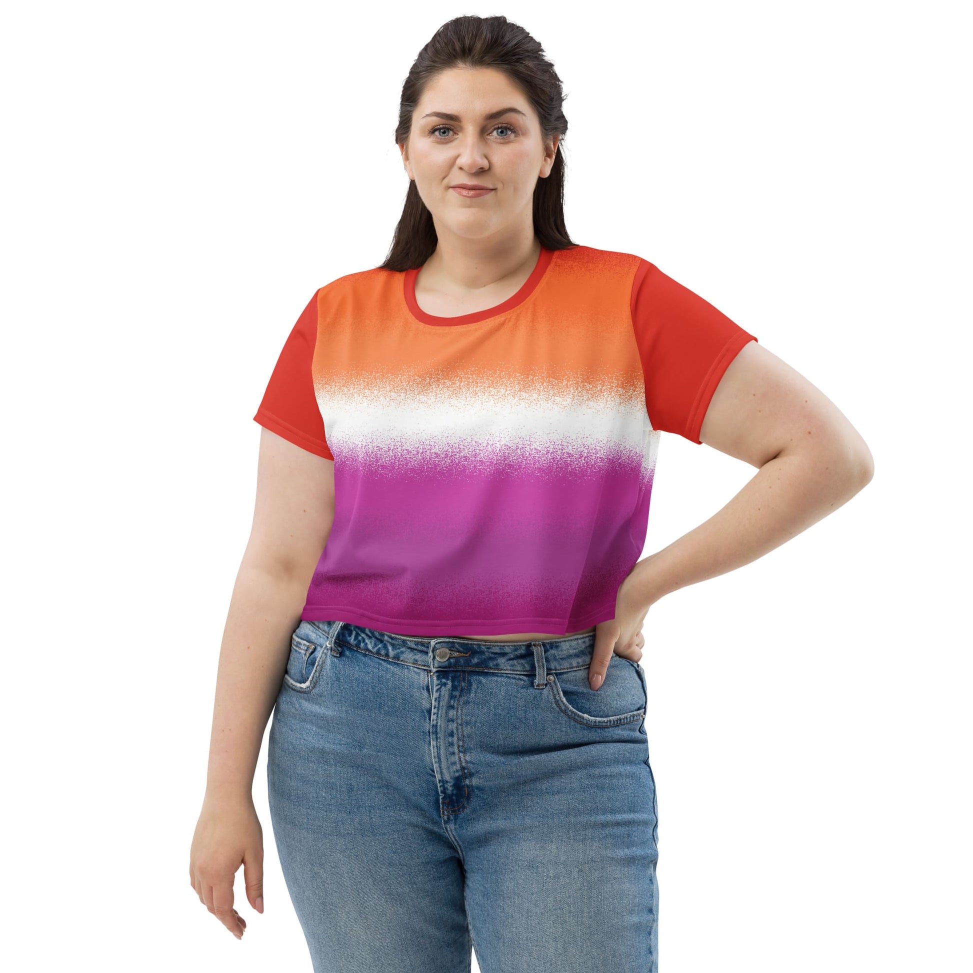 lesbian crop top, sunset flag cropped shirt with wings on back, front model 1