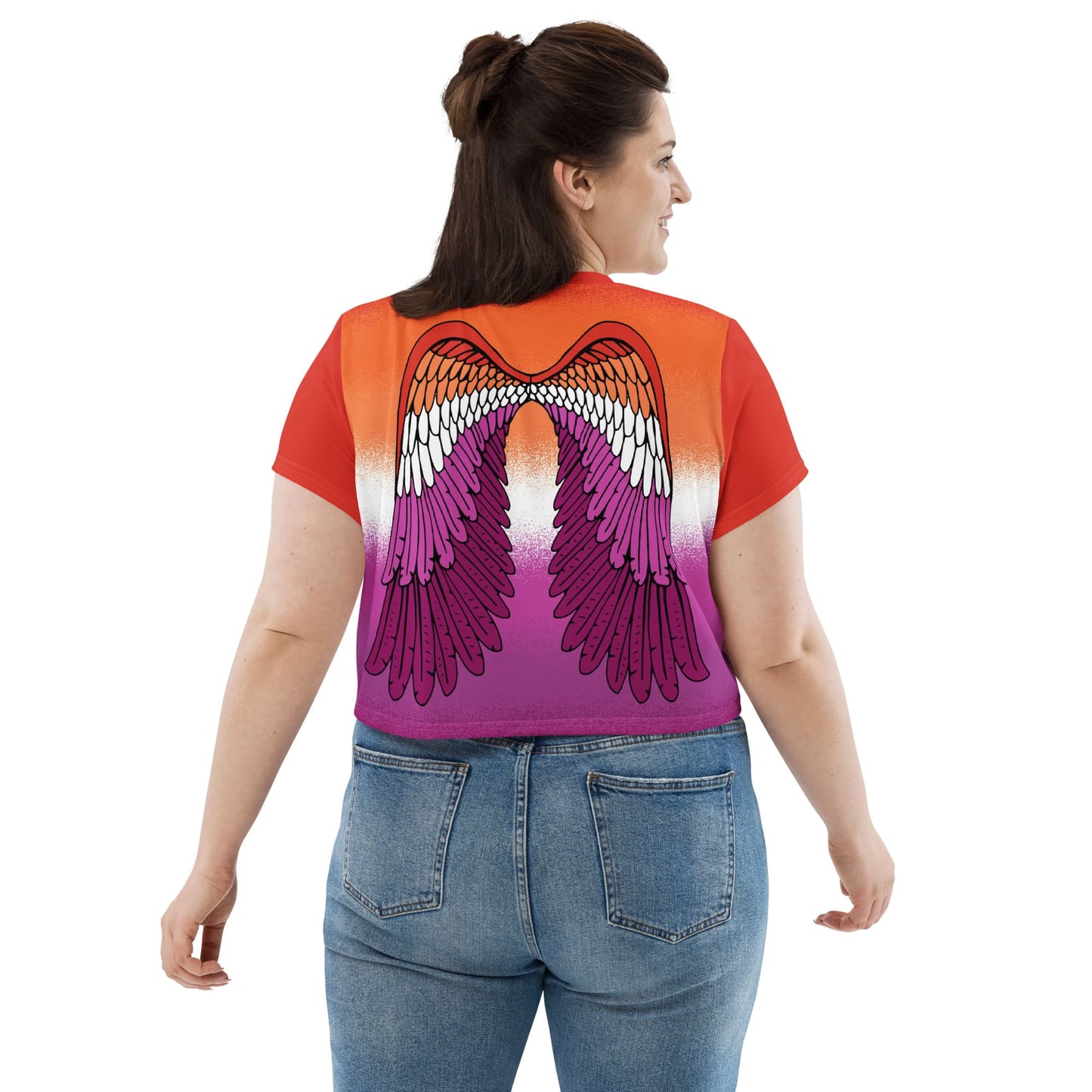 lesbian crop top, sunset flag cropped shirt with wings on back, back model 1
