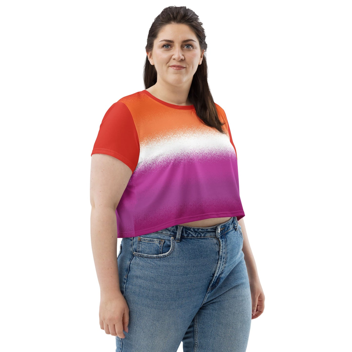lesbian crop top, sunset flag cropped shirt with wings on back, right model 1