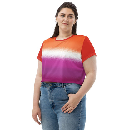 lesbian crop top, sunset flag cropped shirt with wings on back, left model 1