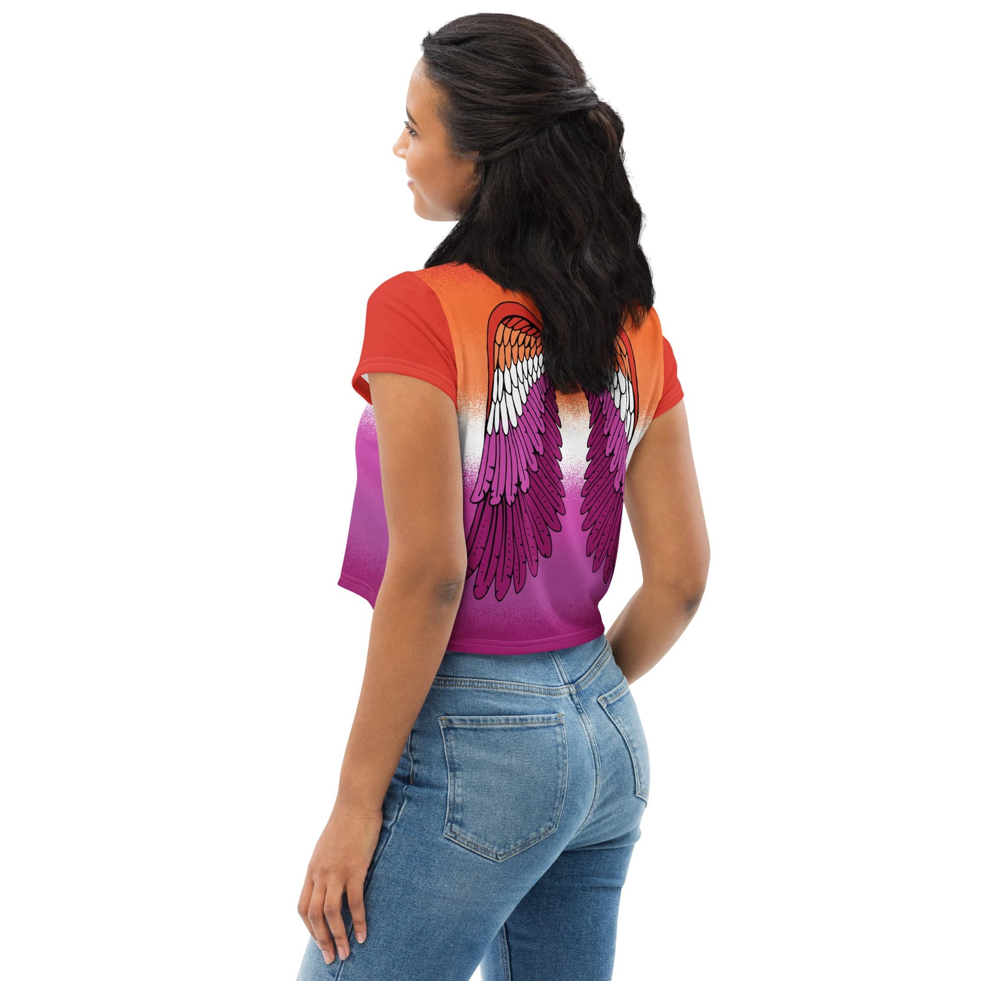 lesbian crop top, sunset flag cropped shirt with wings on back, model 2