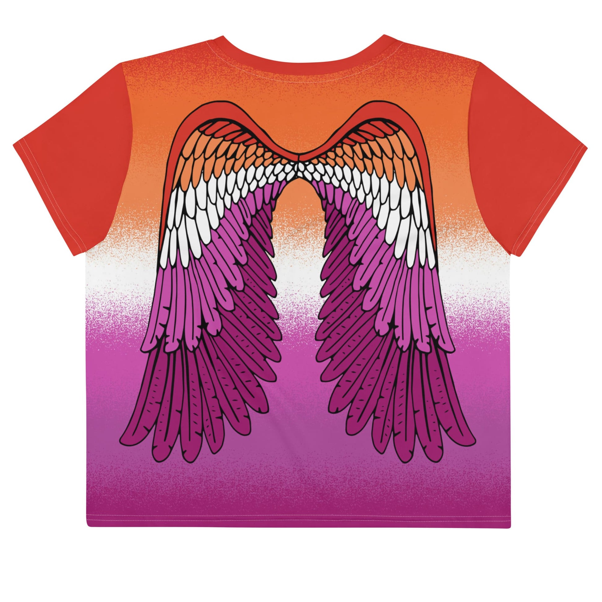lesbian crop top, sunset flag cropped shirt with wings on back, flatlay back