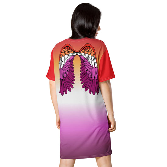 lesbian dress, sunset flag t shirt dress with angel wings on back, model back