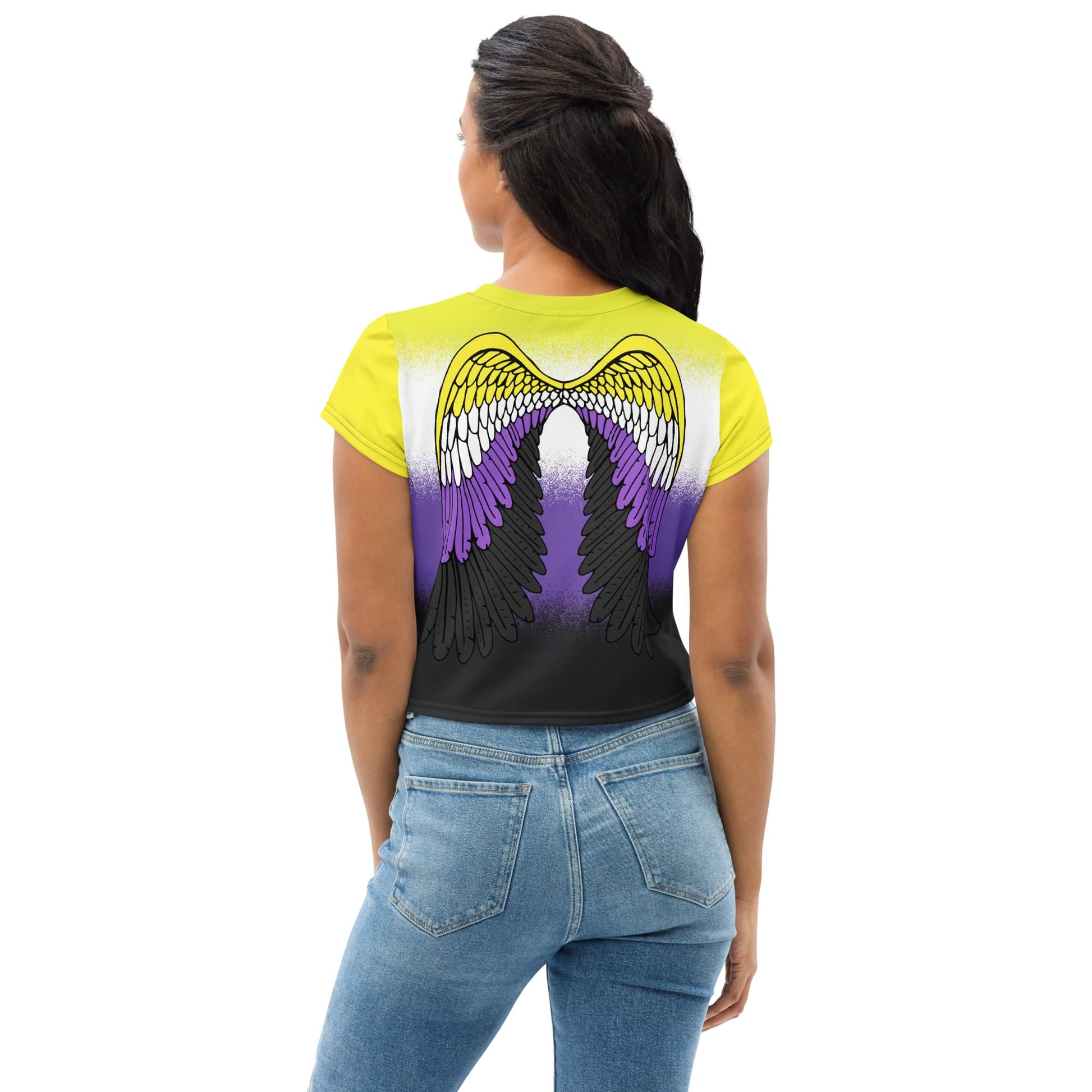 nonbinary crop top, enby cropped shirt with wings on back, back