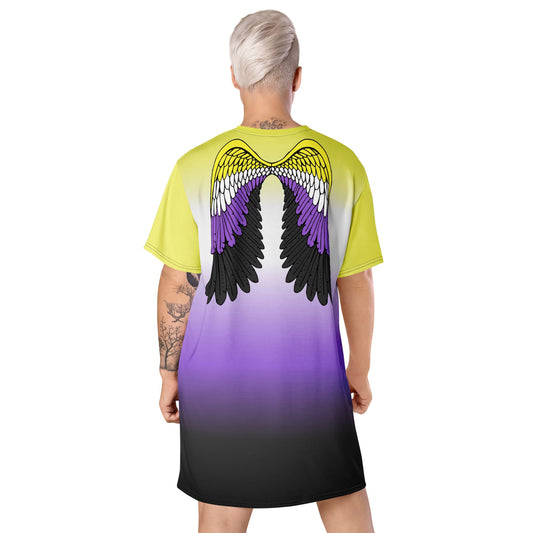 nonbinary dress; enby pride t shirt dress with angel wings on back, model back