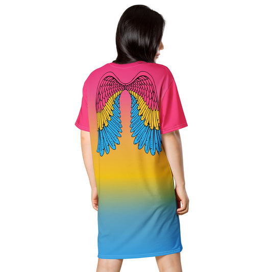 pansexual dress, pan pride t shirt dress with angel wings on back, model back