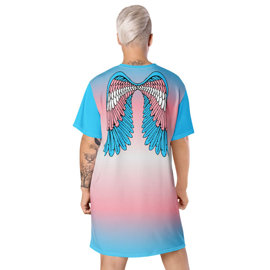 transgender dress, trans pride t shirt dress with angel wings on back, model back