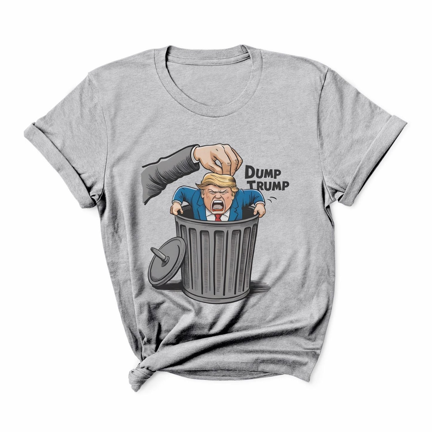 Gray t-shirt with a graphic of a hand dumping a figure labeled 'Dump Trump' into a trash bin: Anti Trump shirt, Anti Trumpism shirt, Dump Donald Trump US election 2024 tshirt, Pro Kamala Harris Walz tee, Funny political apparel