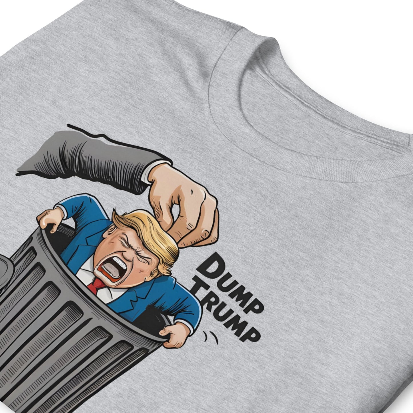 Gray t-shirt with a graphic of a hand dumping a figure labeled 'Dump Trump' into a trash can: Anti Trump shirt, Anti Trumpism shirt, Dump Donald Trump US election 2024 tshirt, Pro Kamala Harris Walz tee, Funny political apparel