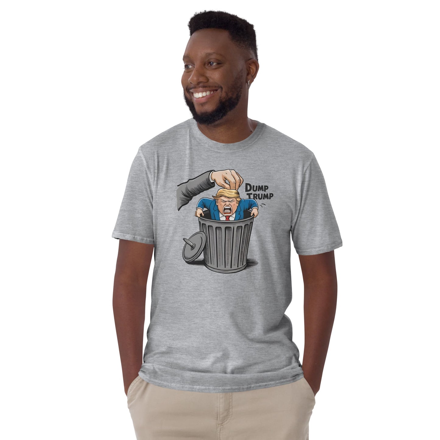 Man wearing a gray t-shirt with a graphic design of a trash can and 'Dump Trump' text: Anti Trump shirt, Anti Trumpism shirt, Dump Donald Trump US election 2024 tshirt, Pro Kamala Harris Walz tee, Funny political apparel