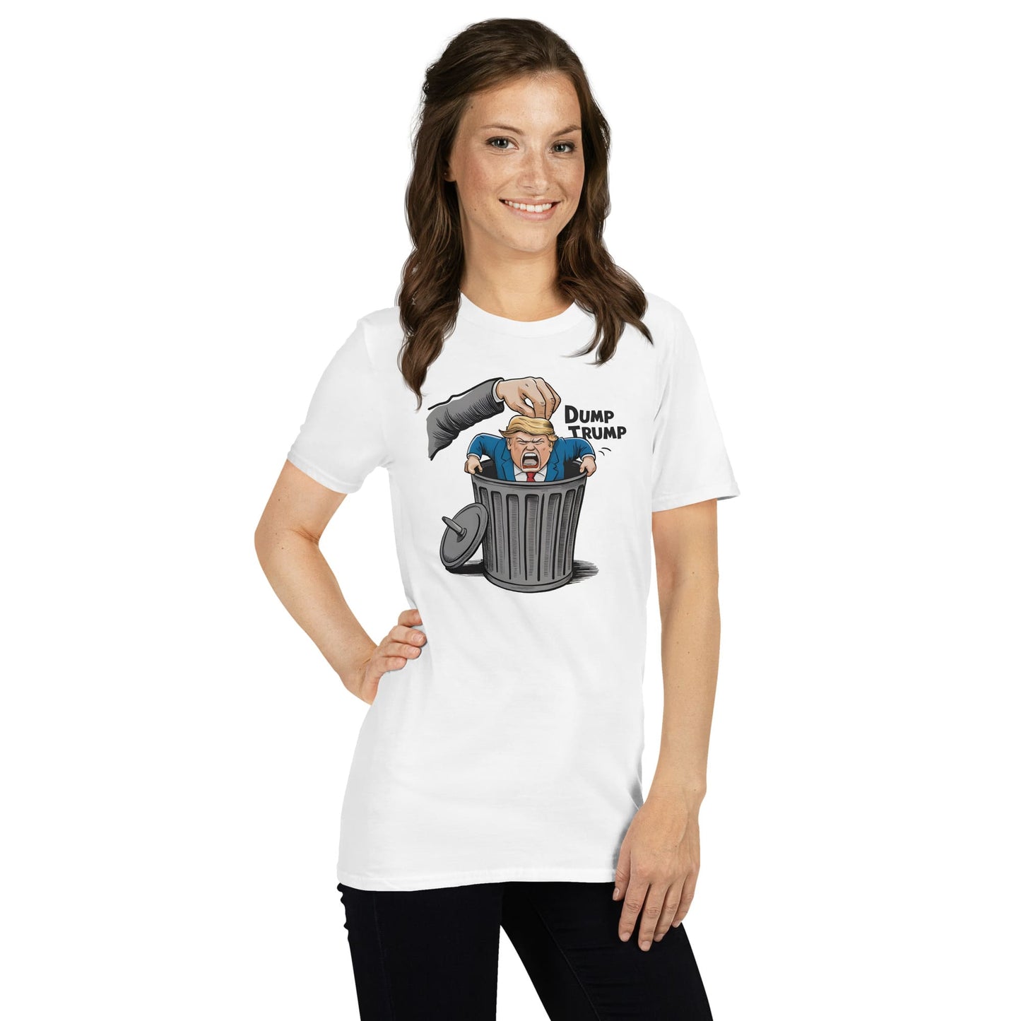 Woman wearing a white t-shirt with a graphic design and text, standing against a white background: Anti Trump shirt, Anti Trumpism shirt, Dump Donald Trump US election 2024 tshirt, Pro Kamala Harris Walz tee, Funny political apparel