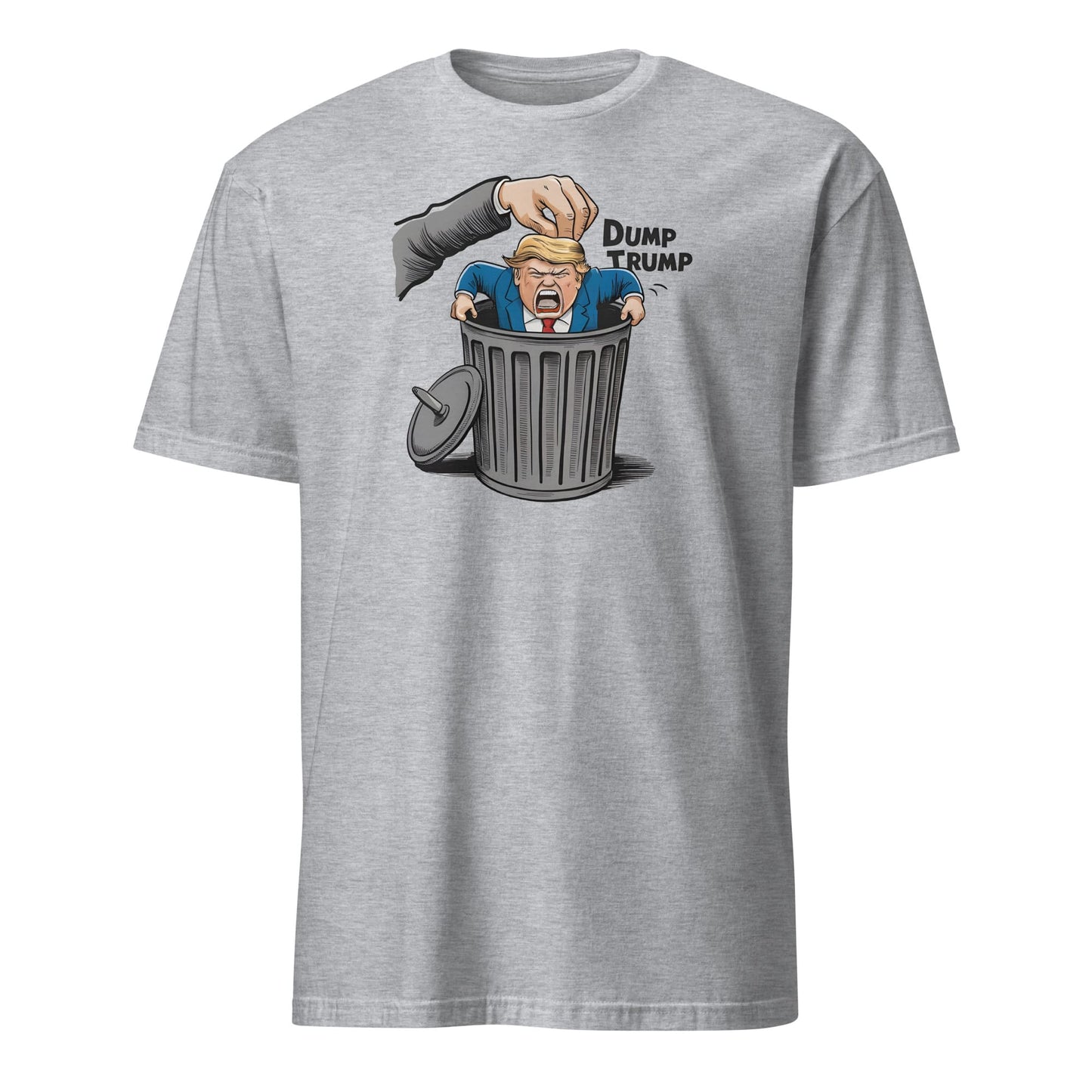 Gray t-shirt with a graphic of a hand dumping a figure labeled 'Dump Trump' into a trash can: Anti Trump shirt, Anti Trumpism shirt, Dump Donald Trump US election 2024 tshirt, Pro Kamala Harris Walz tee, Funny political apparel