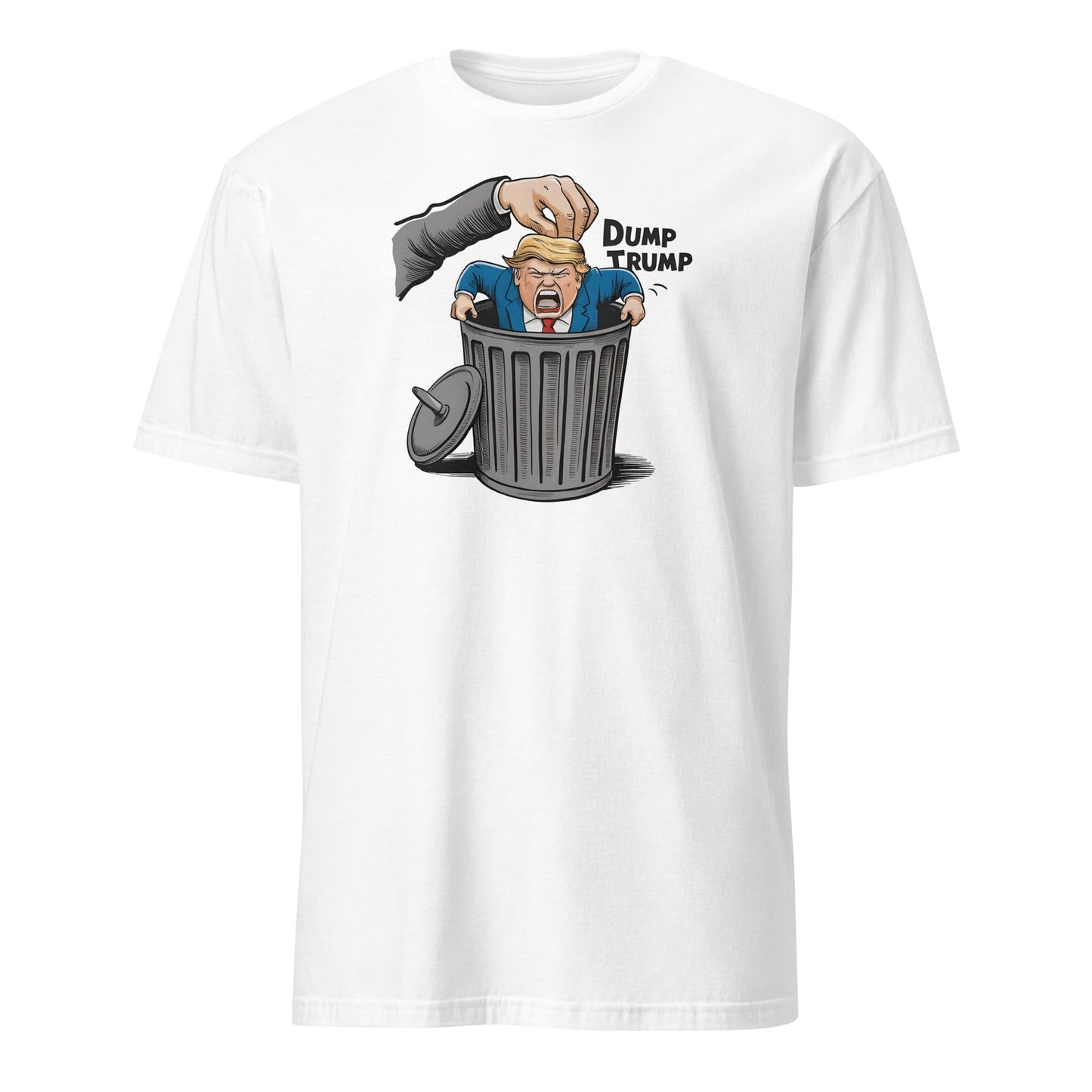 White t-shirt with a graphic of a hand dumping a figure labeled 'Dump Trump' into a trash can: Anti Trump shirt, Anti Trumpism shirt, Dump Donald Trump US election 2024 tshirt, Pro Kamala Harris Walz tee, Funny political apparel