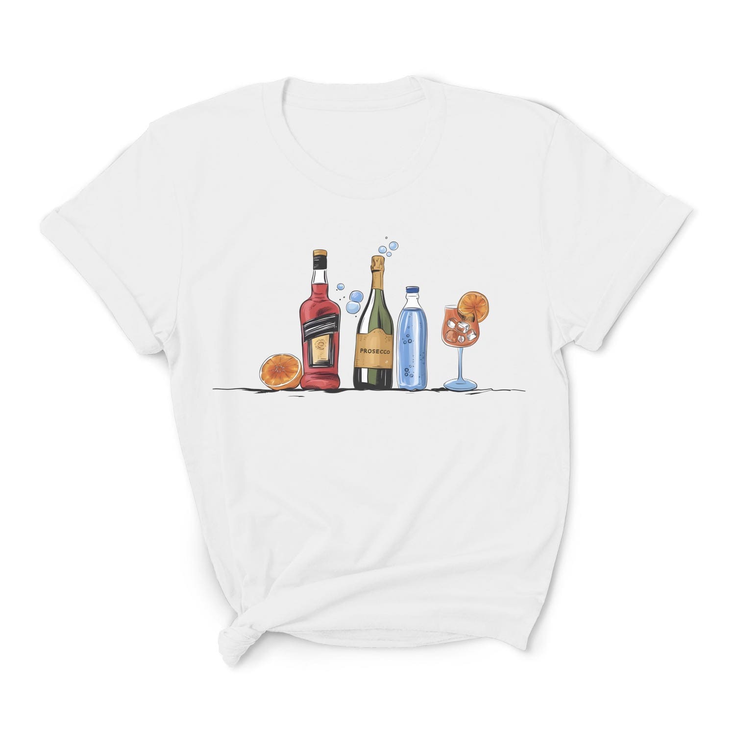 White t-shirt with a graphic of bottles and glasses on a white background