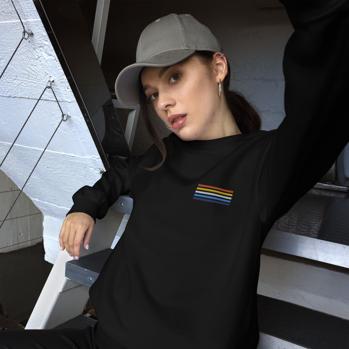 aroace sweatshirt, subtle aro ace pride flag embroidered pocket design sweater, model 2