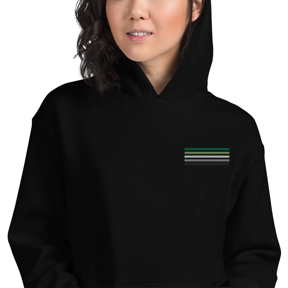 aromantic hoodie, subtle aro pride flag embroidered pocket design hooded sweatshirt, model 2