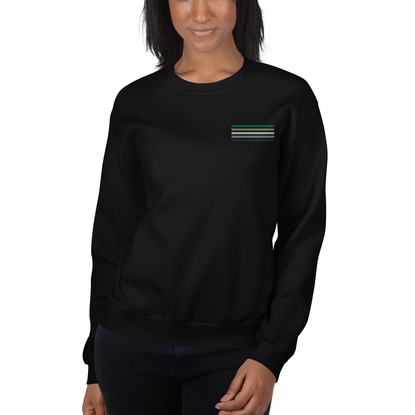 aromantic sweatshirt, subtle aro pride flag embroidered pocket design sweater, model 2