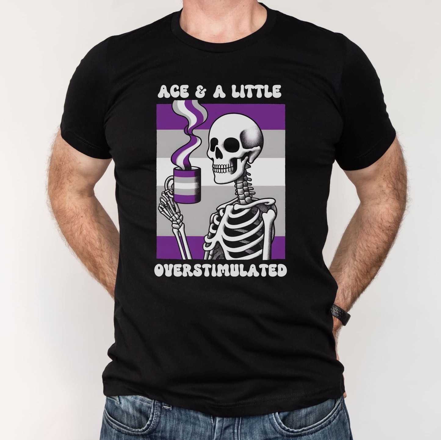 Black t-shirt with a skeleton design and text on a white background: Asexual Anxiety Shirt, Overstimulated Tee, Mental Health T-Shirt, Ace Pride Skeleton Shirt, Sarcastic Neurospicy Gift For Aroace