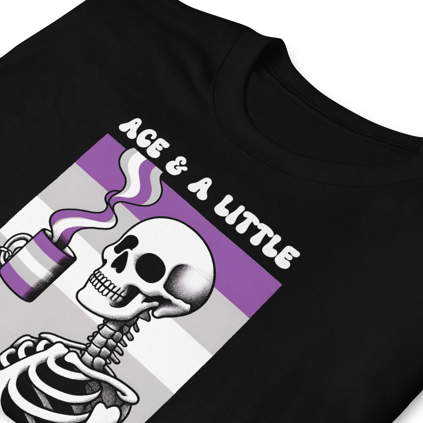 Black t-shirt with a skeleton holding a purple cup and 'Age & A Little' text on a white background: Asexual Anxiety Shirt, Overstimulated Tee, Mental Health T-Shirt, Ace Pride Skeleton Shirt, Sarcastic Neurospicy Gift For Aroace
