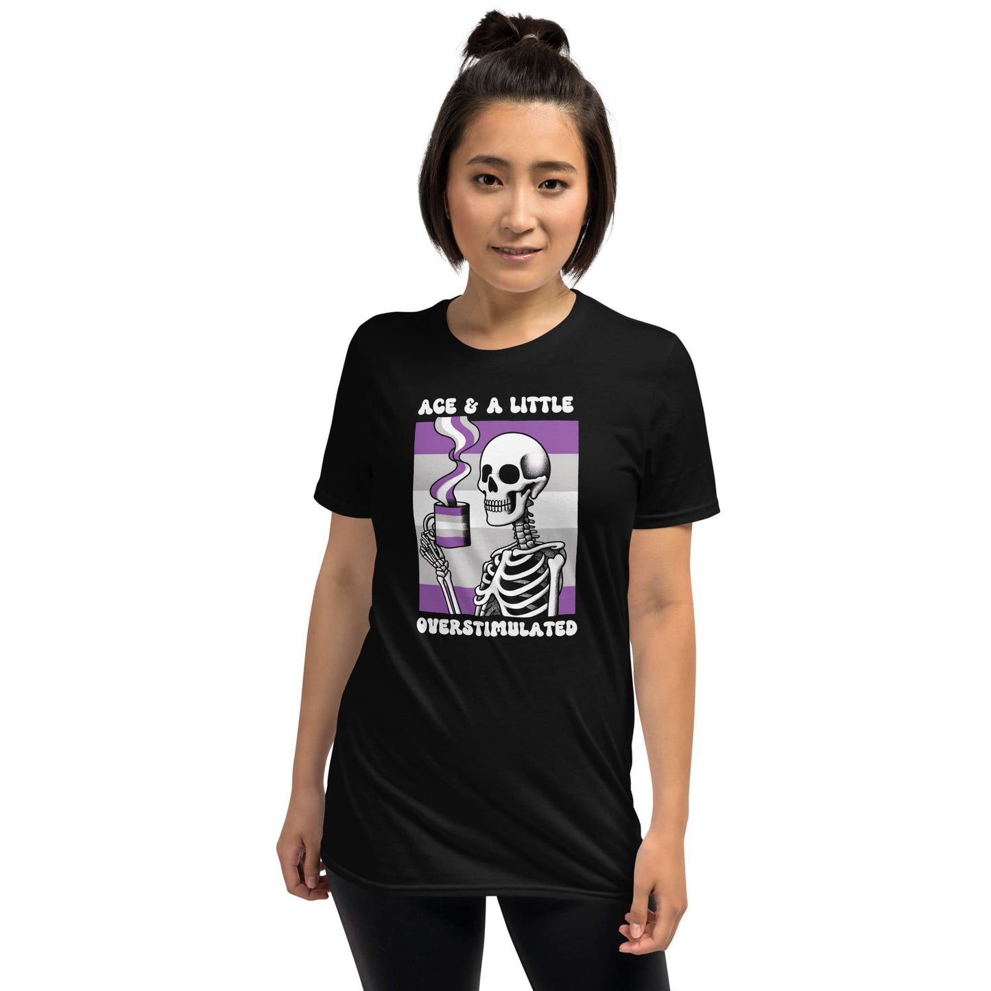Person wearing a black t-shirt with a skeleton graphic and text on a white background: Asexual Anxiety Shirt, Overstimulated Tee, Mental Health T-Shirt, Ace Pride Skeleton Shirt, Sarcastic Neurospicy Gift For Aroace
