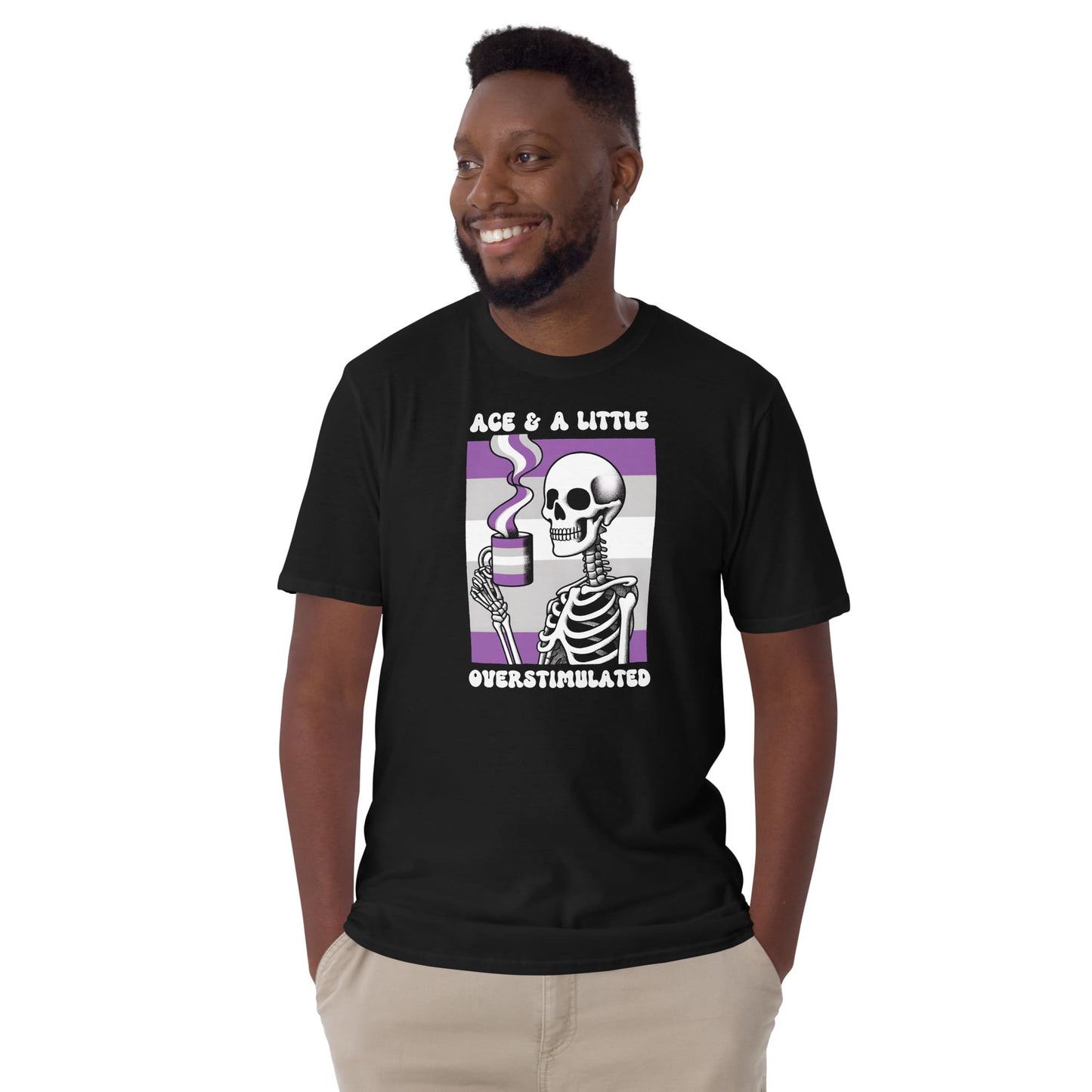 Man wearing a black t-shirt with a skeleton design and text on a white background: Asexual Anxiety Shirt, Overstimulated Tee, Mental Health T-Shirt, Ace Pride Skeleton Shirt, Sarcastic Neurospicy Gift For Aroace