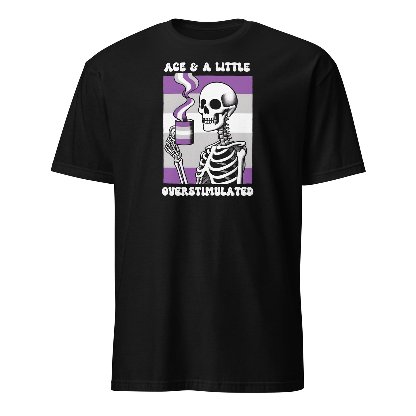 Black t-shirt with a skeleton graphic and text on a white background: Asexual Anxiety Shirt, Overstimulated Tee, Mental Health T-Shirt, Ace Pride Skeleton Shirt, Sarcastic Neurospicy Gift For Aroace