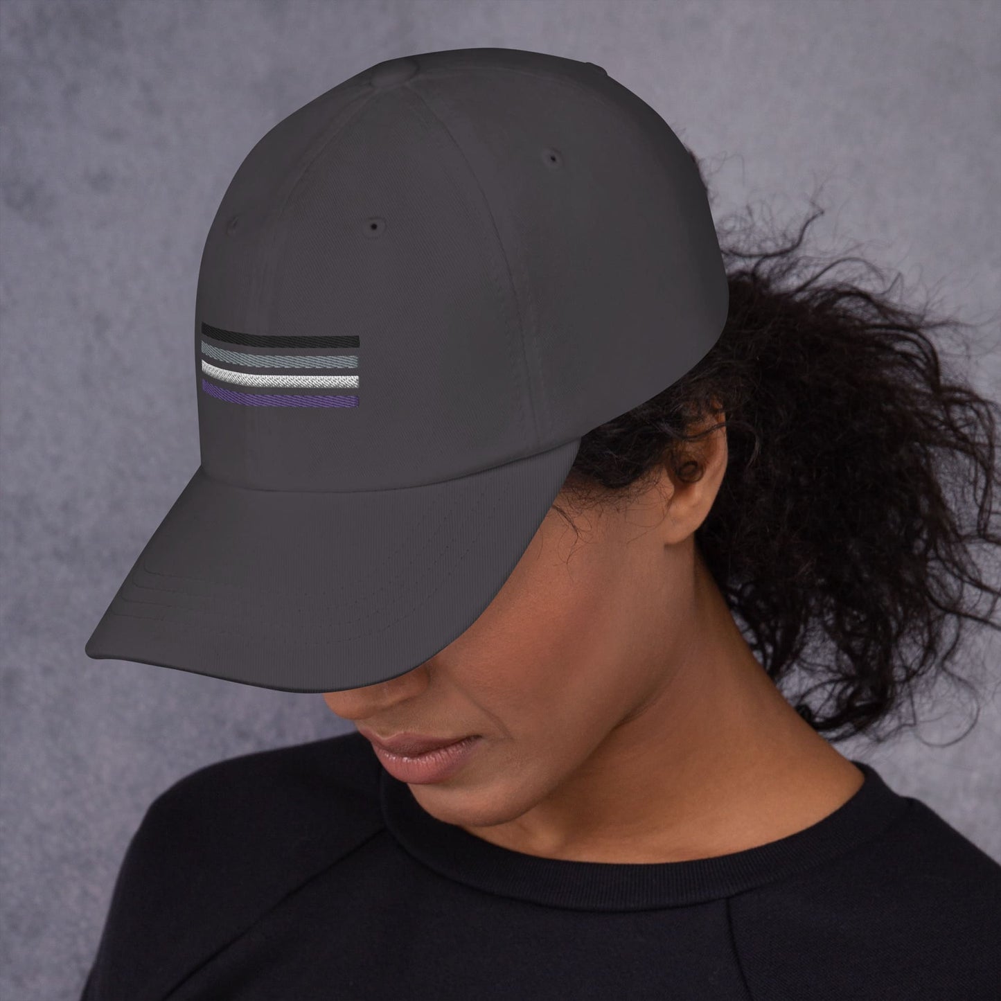 asexual hat, ace pride flag embroidered cap, model left