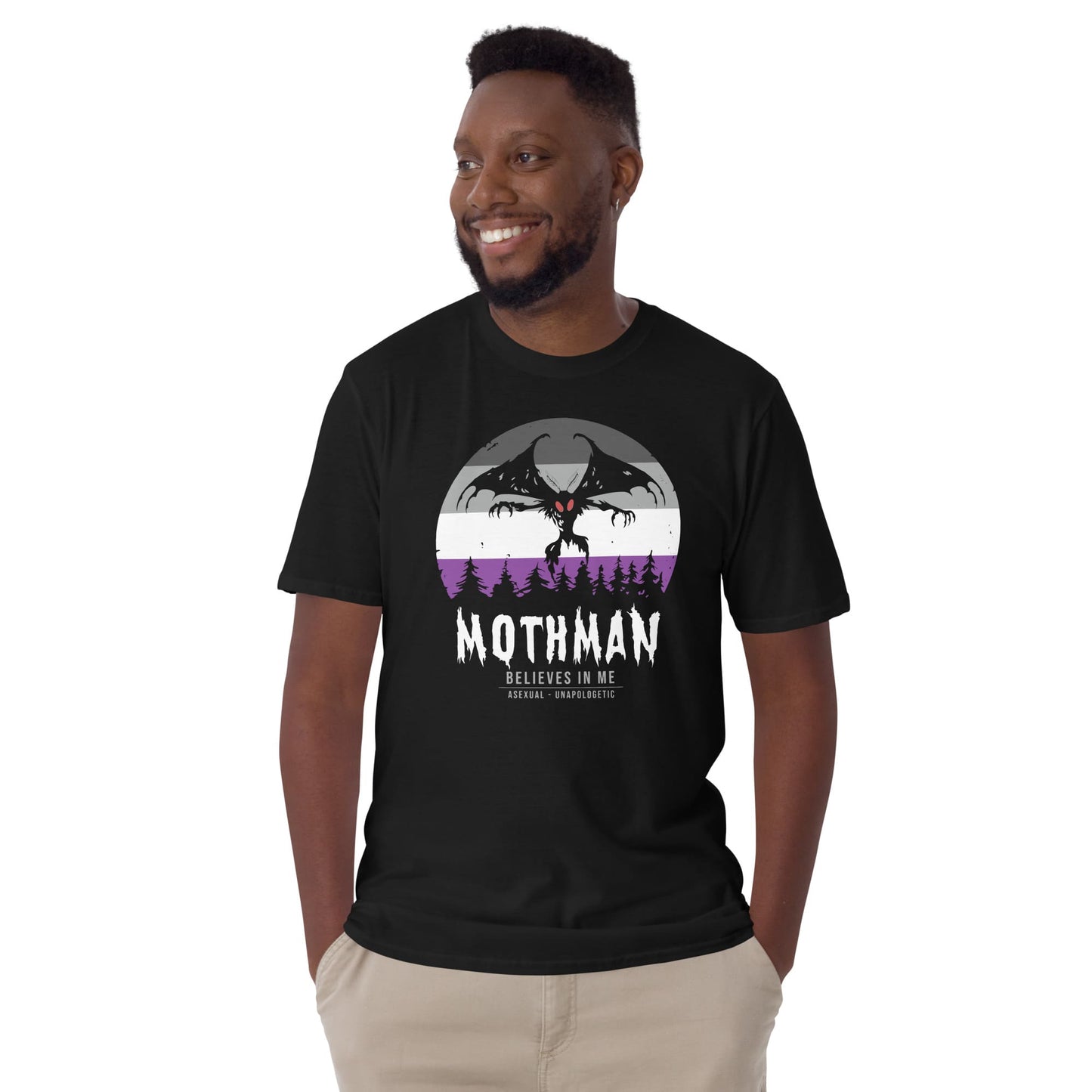 Man wearing a black t-shirt with Mothman graphic and text on a white background: Asexual Mothman Shirt, Ace Pride Cryptid Folklore Tee, Queer Mythology Legend Cryptozoology Tshirt, Cryptidcore Weirdcore Gift For LGBT