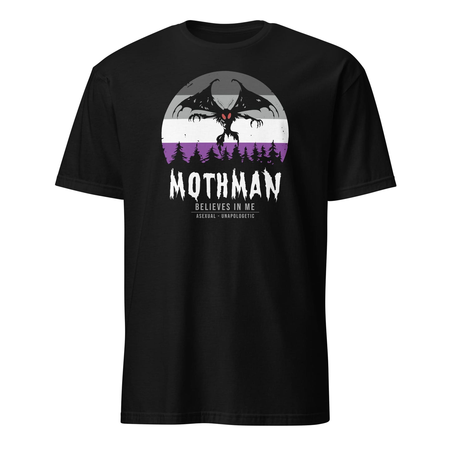 Black t-shirt with Mothman graphic and text on a white background: Asexual Mothman Shirt, Ace Pride Cryptid Folklore Tee, Queer Mythology Legend Cryptozoology Tshirt, Cryptidcore Weirdcore Gift For LGBT
