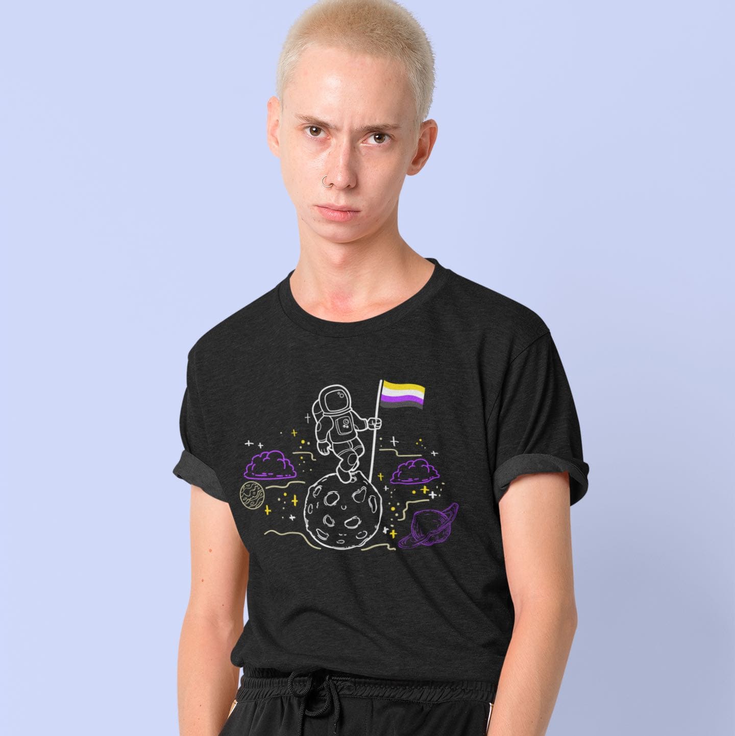 nonbinary shirt, astronaut planting enby pride flag on moon, in use