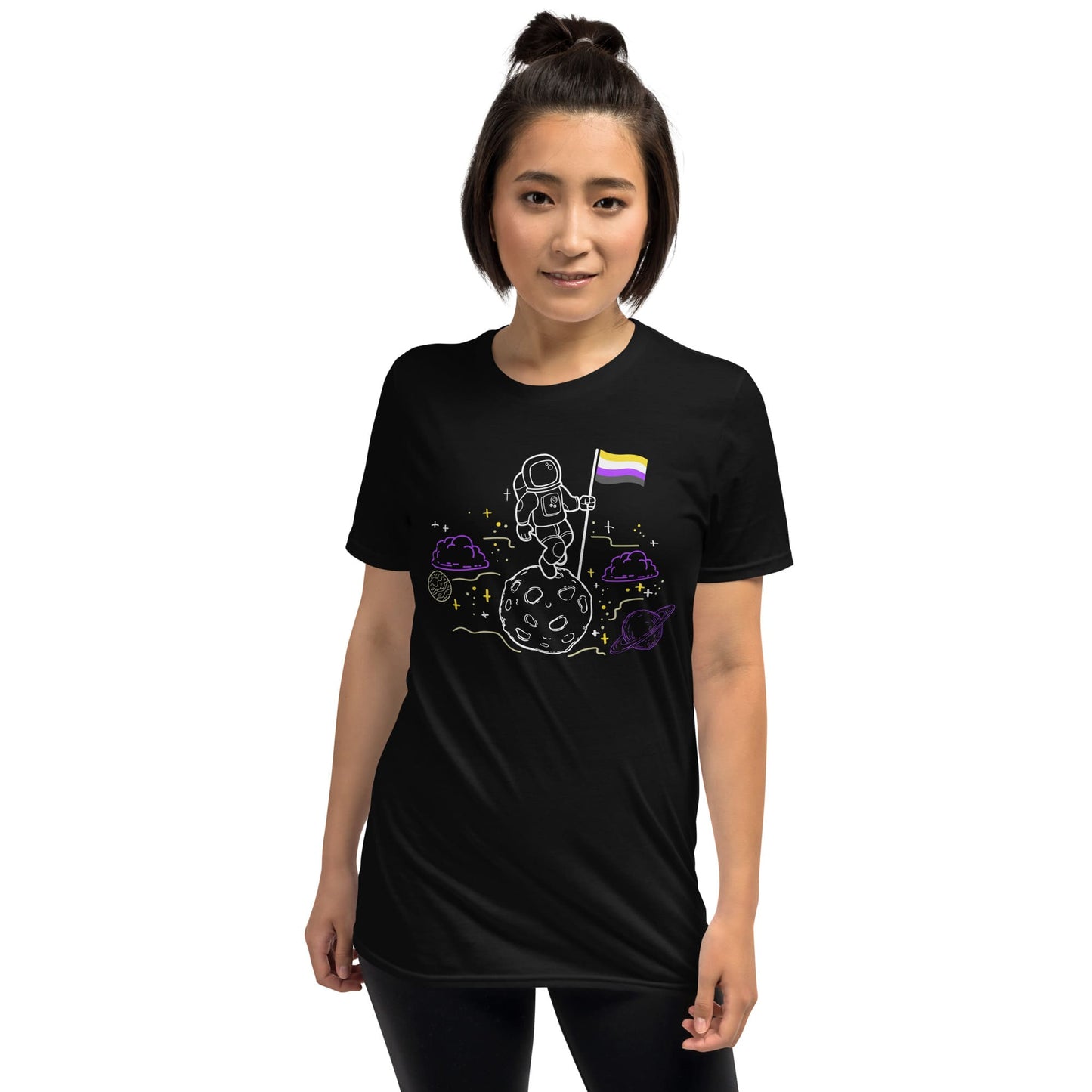 nonbinary shirt, astronaut planting enby pride flag on moon, asian model