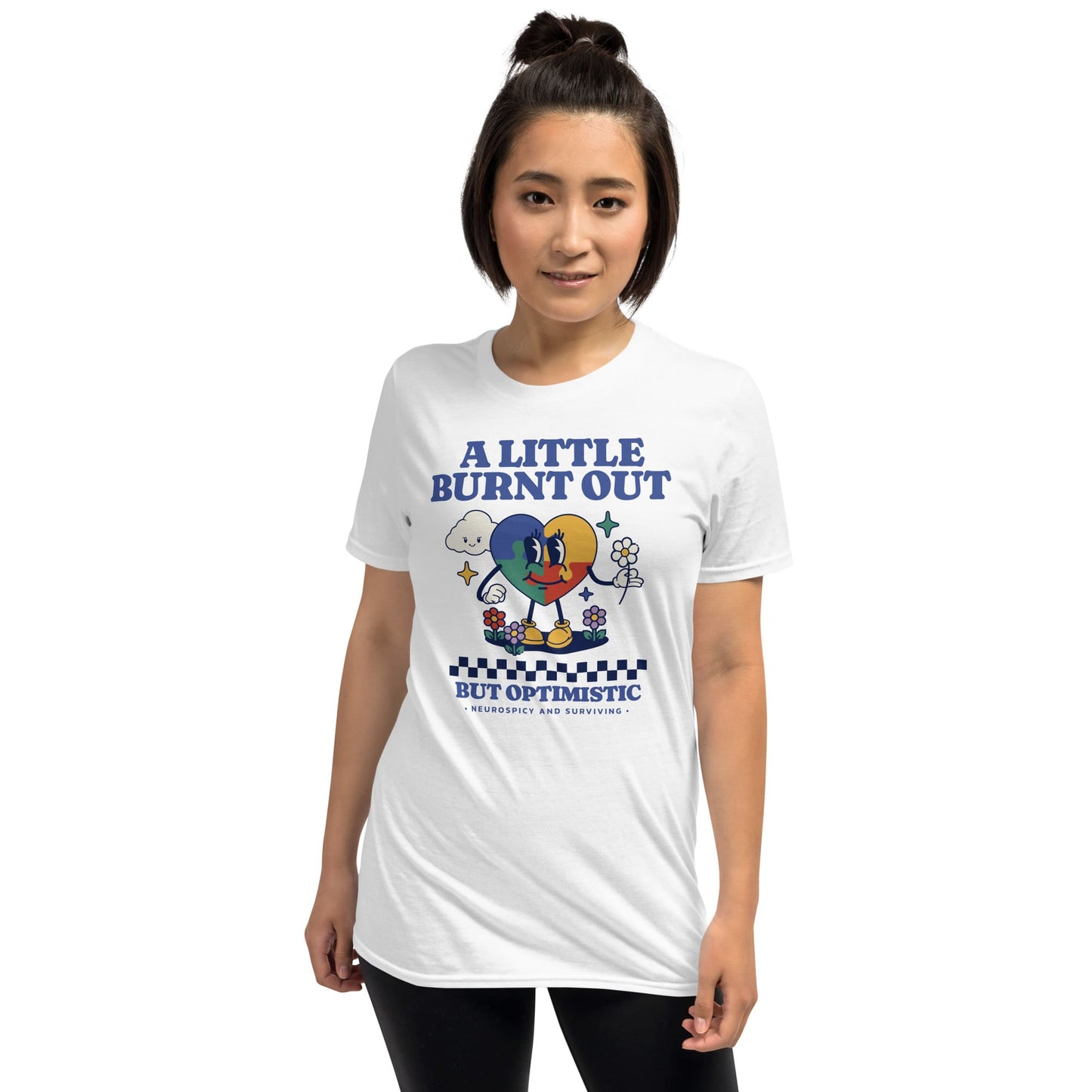 Person wearing a white t-shirt with a colorful graphic and text on a white background: Retro Autism Shirt, Neurodivergent Affirming Tee, ADHD AuDHD Burnout TShirt, Motivational Shirt For Neurospicy, Positivity Gift For Autistic