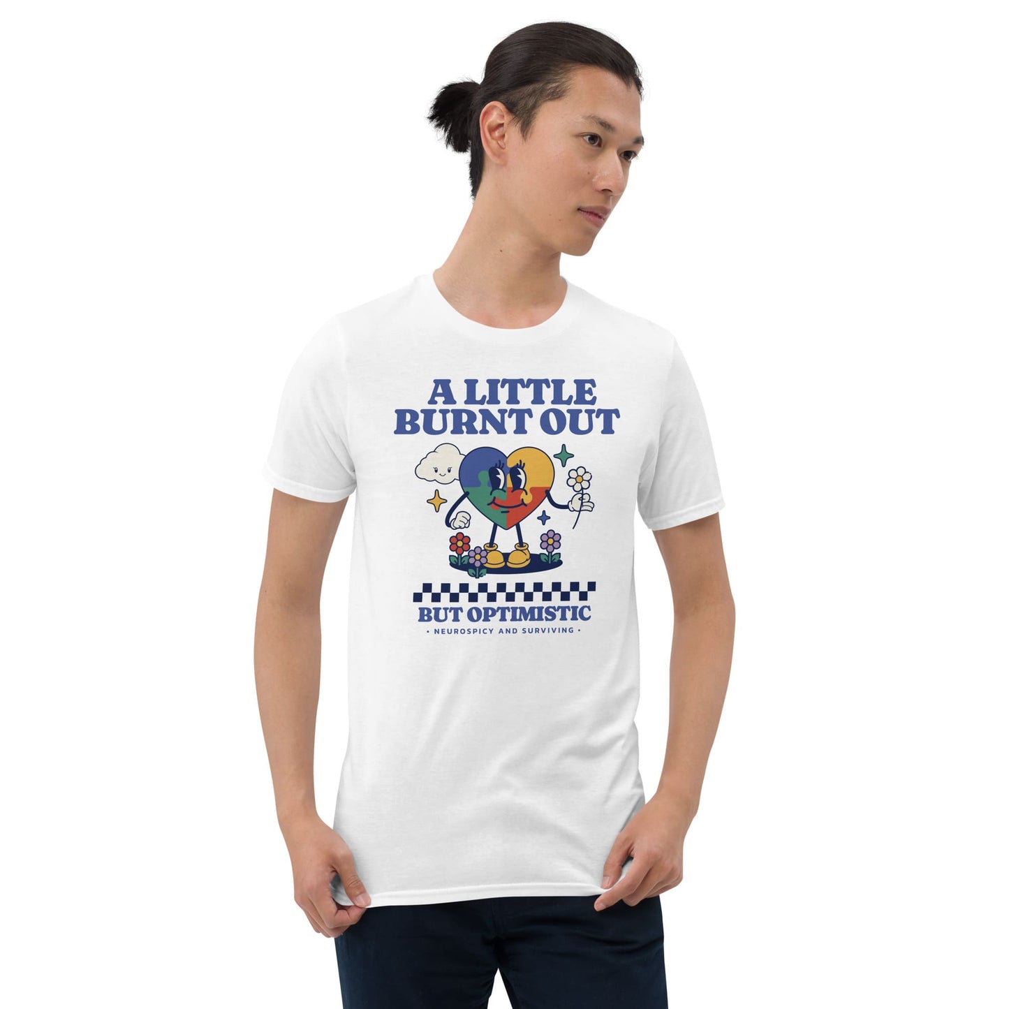 Person wearing a white t-shirt with colorful graphic and text on a white background: Retro Autism Shirt, Neurodivergent Affirming Tee, ADHD AuDHD Burnout TShirt, Motivational Shirt For Neurospicy, Positivity Gift For Autistic