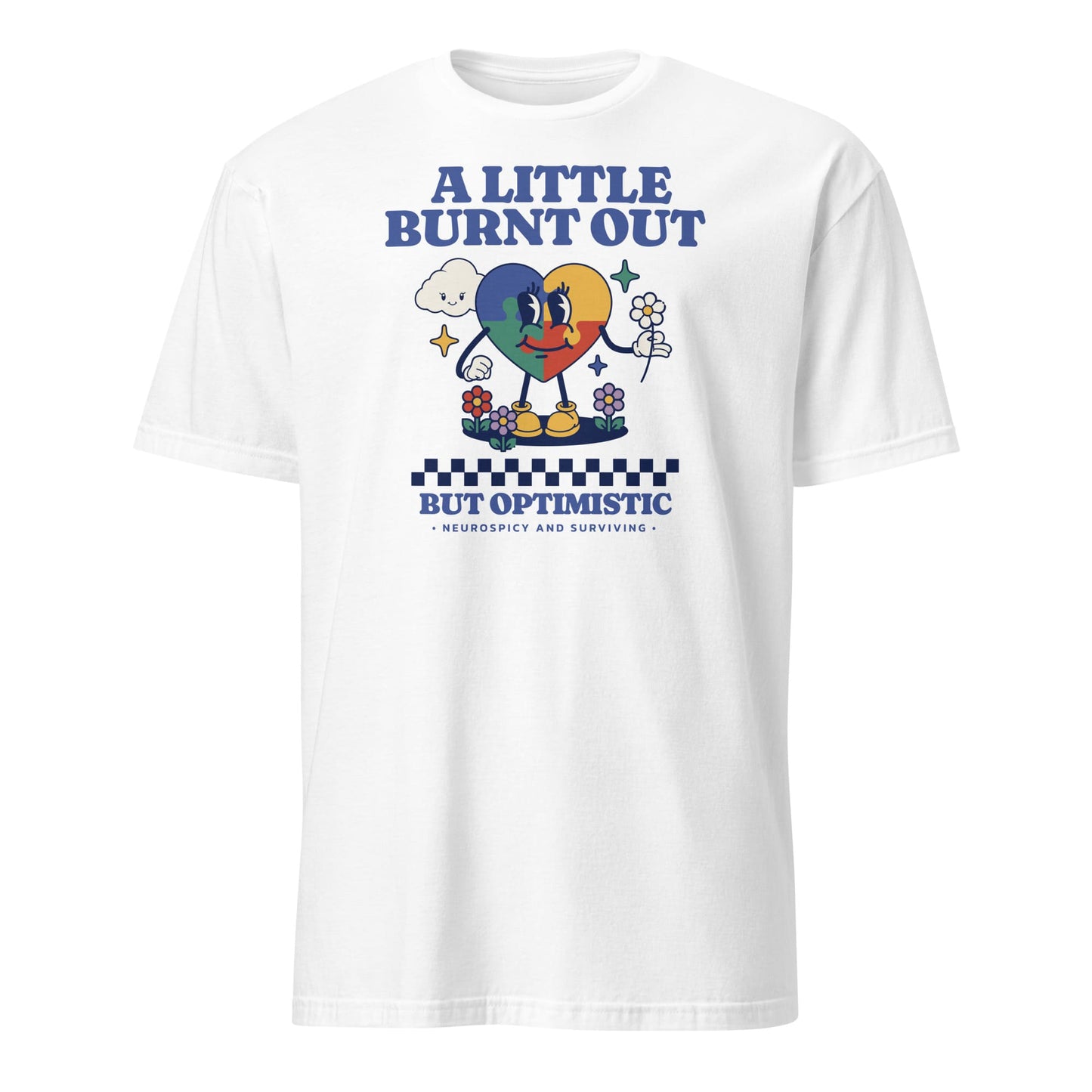 White t-shirt with colorful graphic and text on a white background: Retro Autism Shirt, Neurodivergent Affirming Tee, ADHD AuDHD Burnout TShirt, Motivational Shirt For Neurospicy, Positivity Gift For Autistic