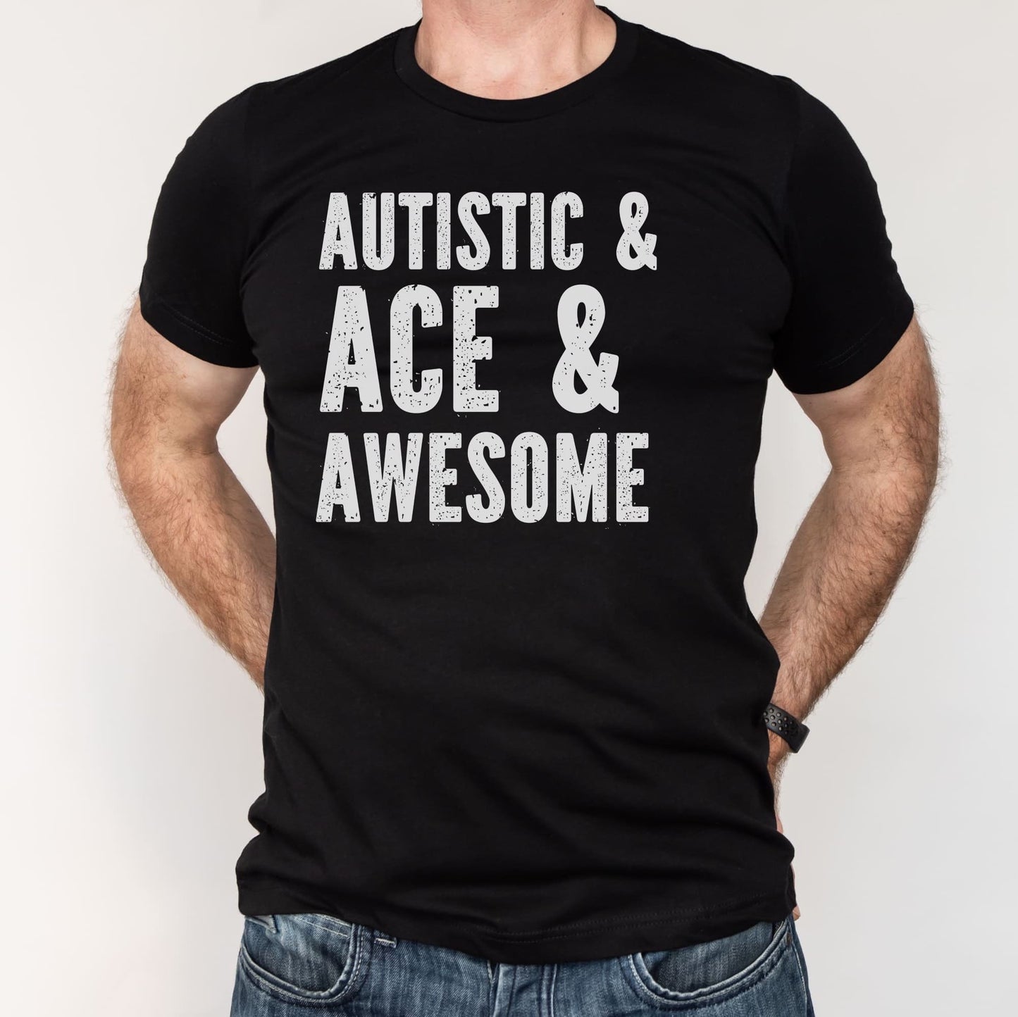 Black t-shirt with 'Autistic & Ace & Awesome' text worn by a person on a white background: Asexual Autistic Shirt, Ace Pride Tee, Autism Spectrum LGBTQ Gift, Neurodiversity Awareness T-shirt, Neurodivergent Tshirt For Ace Person